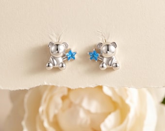 925 Sterling Silver Small Bear Stud Earrings, Blue Star Crystal Dangle, Cute Animal CZ Earrings, Dainty Gift for Her