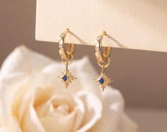 925 Sterling Silver Gold Tone Star CZ Hoop Earrings, Blue Crystal Star Dangle Huggie Earrings, Minimal Statement Jewelry Gift