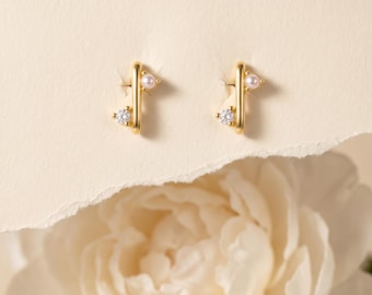 925 sterlingzilver goudstaaf parel CZ oorknopjes, sierlijke minimale druppelstekers, dagelijks elegante sieraden Cadeau voor haar