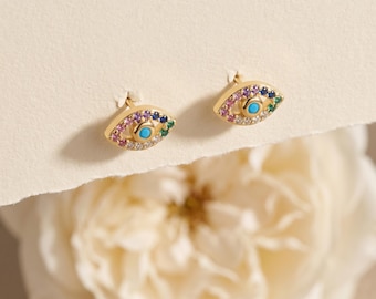 925 Sterling Silver Gold Evil Eye CZ Stud Earrings, Rainbow Crystal Eye Minimalist Dainty Blue Accent Jewelry Gift for Her