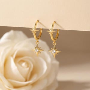 18K Gold Filled Star Dangle Huggie Hoops, CZ North Star Drop Earrings, Minimalist Celestial Jewelry, Everyday Gift for Her