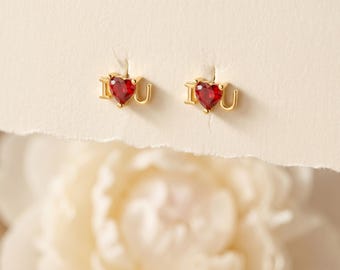 925 Sterling Silver Gold I Love You Heart Stud Earrings, Red Heart Studs Minimalist Romantic Dainty Gift for Her Jewelry