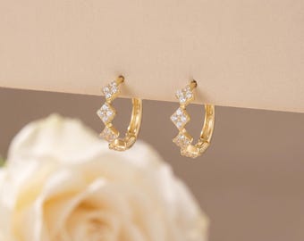 925 Sterling Silver Gold Tone CZ Cluster Hoop Earrings, Crystal Geometric Huggie Hoops, Minimal Elegant Statement Jewelry Gift for Women