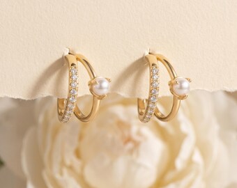 925 sterlingzilver CZ Hoop Huggies, parelaccent hoepels, sierlijk gouden parelontwerp, minimalistische alledaagse sieraden cadeau voor haar