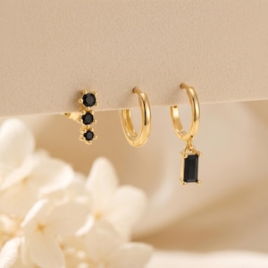 925 Sterling Silber 3-teiliges Ohrring Set, CZ Cluster Ohrstecker, Sleek Huggies mit Baguette Anhänger, Geschenk für Sie