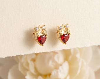 925 Sterling Silver Red CZ Heart Drop Stud Earrings, Gold Plated Crystal Heart Pendant, Romantic Ruby Jewelry Gift for Her
