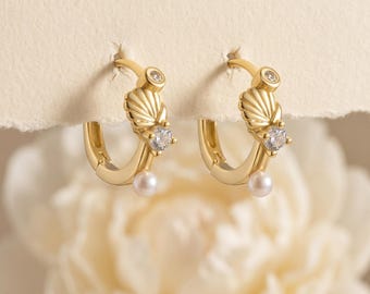 925 Sterling Silver Shell Hoop Earrings, CZ Pearl Drop Huggie Hoops, Vintage Elegant Dangle Jewelry Gift for Her