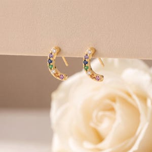 925 Sterling Silver Rainbow CZ Crescent Hoop Earrings, Multicolor Gemstone Huggie Hoops, Dainty Minimalist Colorful Everyday Jewelry Gift