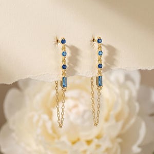 925 Sterling Silver Blue CZ Chain Drop Earrings, Celestial Star Dangle Earrings, Y2K Long Statement Jewelry Gift for Her