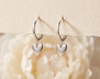 925 Sterling Silver Heart Charm Huggie Hoop Earrings, Minimalist Heart Drop Hoops, Dainty Everyday Jewelry Gift for Her