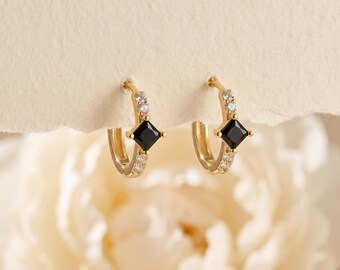 925 Sterling Silver Gold Plated Black Onyx Square CZ Huggie Hoop Earrings, Pave Minimalist Dainty Gift for Her