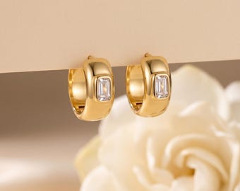 925 Sterling Silver Gold Baguette CZ Hoop Earrings, Minimal Thick Huggie Hoop Earrings, Everyday Elegant Dainty Jewelry Gift for Her