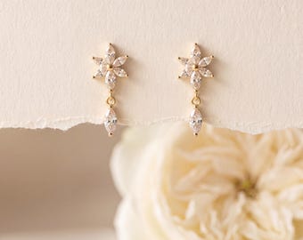 925 Sterling Silver Floral CZ Starburst Drop Earrings, Crystal Flower Dangle, Minimal Statement Gift for Women