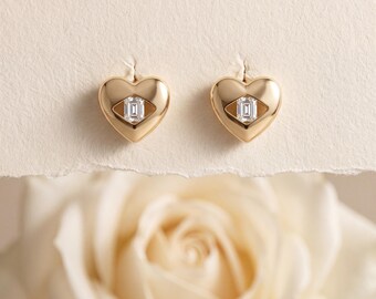 925 Sterling Silver Gold Tone Heart Stud Earrings CZ Center Minimal Dainty Heart Studs Everyday Jewelry Gift for Her Elegant Wear