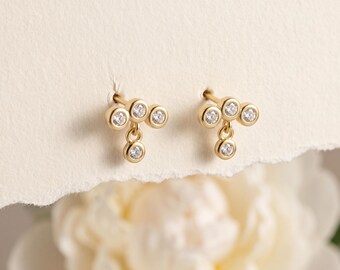 925 Sterling Silver CZ Cluster Drop Stud Earrings, Dainty Gold Triple Stone Dangle Earrings, Minimal Crystal Everyday Jewelry