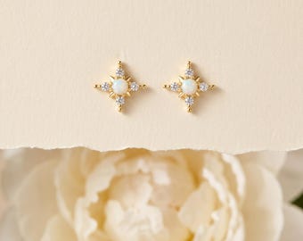 Boucles d'oreilles en argent sterling 925 avec opale et étoile CZ, boucles d'oreilles dorées, géométriques minimalistes, délicates, cadeau pour elle