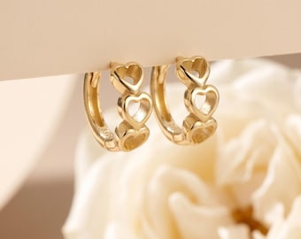 Boucles d'oreilles Huggie Hoop coeur en or 18 carats, créoles coeur ouvert délicats, cadeau bijoux romantique minimaliste pour elle