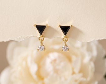925 Sterling Silver Black Onyx Triangle Drop Earrings, CZ Dangle Earrings, Geometric Minimalist Jewelry Gift for Her