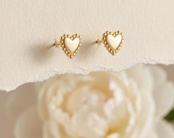 925 Sterling Silver Gold Beaded Heart Stud Earrings, Minimalist Dainty Studs, Romantic Everyday Gift for Her Jewelry