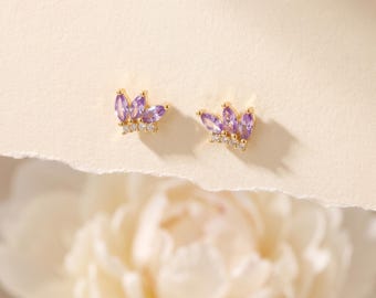 925 Sterling Silver Purple CZ Leaf Cluster Studs, Gold Tone Floral Marquise Crystal Statement Earrings Gift for Women