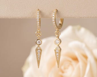 18K Gold Filled CZ Spike Drop Earrings, Dainty Huggie Hoop Earrings, Minimalist Dangle Earrings, Edgy Gift for Her