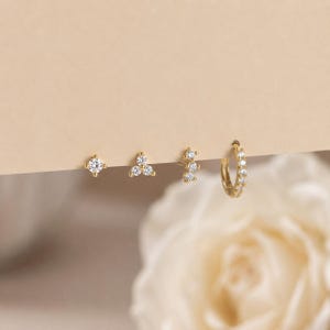 925 Sterling Silver CZ Ear Stack Set, Dainty Huggie Hoop Cluster Stud Earrings, Minimal Everyday Jewelry Gift for Her