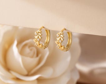 925 sterlingzilver bladgoud CZ hoepel oorbellen, sierlijke bloemen wijnstok Huggie Hoops, minimalistische schittering alledaagse sieraden cadeau voor haar