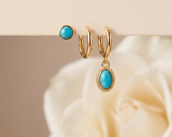 Örhängen i turkos 925 sterlingsilver, fina Huggie Hoops med oval turkos berlock, present till henne
