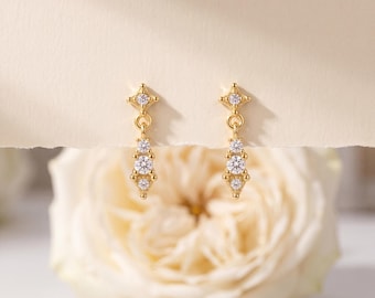 925 Sterling Silver Gold Tone CZ Star Drop Earrings, Geometric Crystal Dangle Statement Jewelry, Elegant Minimal Gift for Women