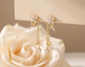 925 Sterling Silver CZ Flower Cluster Chain Drop Earrings Dainty Floral Dangle Butterfly Charm Earrings Elegant Gift for Her