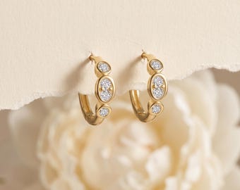925 Sterling Silver Gold Oval CZ Hoop Earrings, Dainty Oval Crystal Drop Hoops, Minimalist Everyday Huggies, Gift for Her