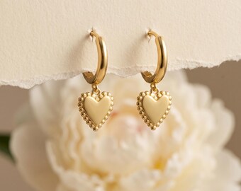 925 Sterling Silver Gold Heart Hoop Earrings, Beaded Heart Dangle Earrings, Minimalist Romantic Jewelry Gift for Her