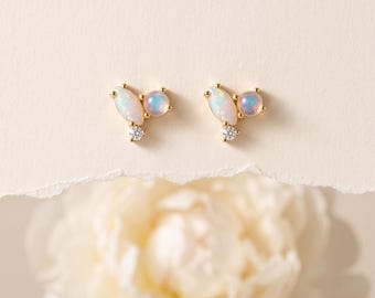 925 Sterling Silver Opal Heart Round CZ Stud Drop Earrings, Gold Tone Iridescent Cluster Gemstone Earrings, Minimal Gift
