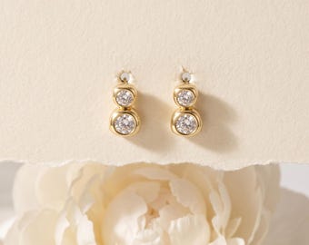 925 Sterling Silver Gold Double CZ Stud Earrings, Minimal Dainty Round CZ Earrings, Everyday Elegant Elegant Jewelry Gift for Her