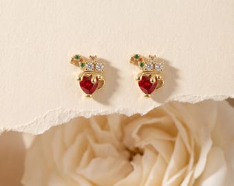 925 Sterling Silver Gold Crown Red Heart CZ Stud Earrings, Dainty Dangle Drop Earrings, Minimal Elegant Romantic Gift for Her Jewelry
