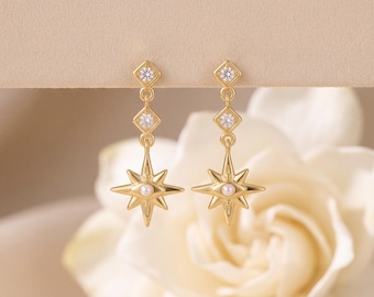 925 Sterling Silver Gold Tone Starburst Pearl Drop Earrings, Dangle Star Statement Jewelry Gift for Women