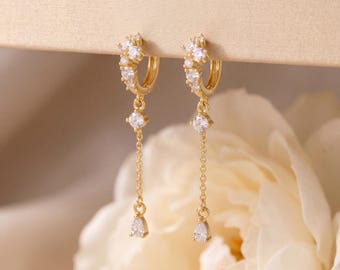 925 Sterling Silver Gold Tone CZ Drop Chain Huggie Earrings, Crystal Cluster Dangle Hoop, Elegant Minimal Gift for Women