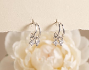 925 Sterling Silver CZ Drop Huggie Hoop Earrings, Dainty Minimalist Hoop Earrings, CZ Dangle Hoops, Everyday Gift for Her