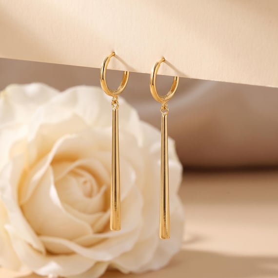 18K Gold Filled Long Bar Drop Earrings, Minimalist Dangle Hoop Earrings, Modern Geometric Jewelry, Gift for Her