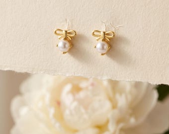 925 Sterling Silver Bow Pearl Studs, Dainty Ribbon Accent Jewelry, Minimalist Everyday Gift for Her