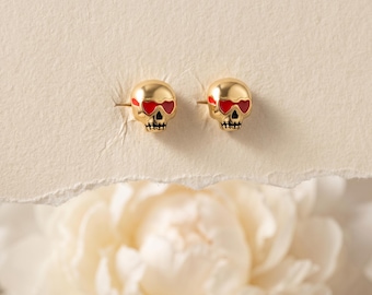 925 Sterling Silver Skull Red Heart Sunglasses Gothic Charm Gold Tone Minimalist Dangle Drop Earrings Gift for Her