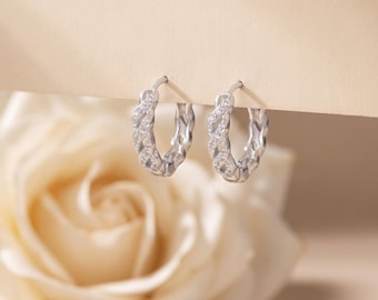 925 Sterling Silver Twisted Rope Hoop Earrings, CZ Textured Huggie Silver Hoops, Minimal Elegant Statement Jewelry Gift for Women