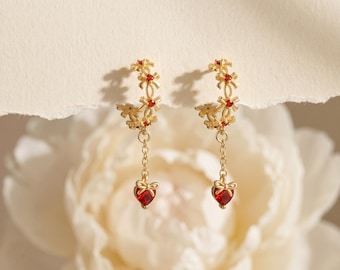 925 Sterling Silver Gold Floral Red Crystal Heart Dangle Earrings, Elegant CZ Drop Hoop Earrings, Romantic Minimal Jewelry Gift for Her