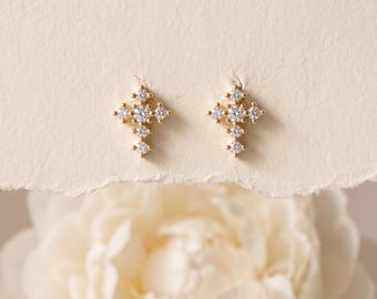 925 Sterling CZ Cross Studs, Dainty Crystal Cross Design, Minimalist Jewelry Gift Her