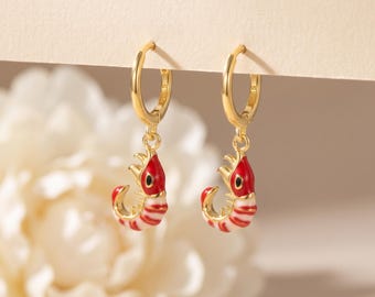 Boucles d'oreilles créoles crevettes remplies d'or 18 carats, créoles à breloques crevettes en émail rouge, cadeau bijoux inspiré de l'océan pour elle