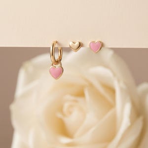 925 Sterling Silver 3-Piece Heart Earring Set, Pink Enamel Studs Charm Huggies, Dainty Romantic Gift for Her