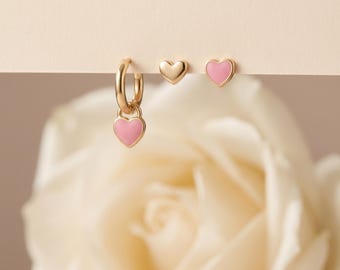Ensemble de 3 boucles d'oreilles en forme de coeur en argent sterling 925, clous d'oreilles roses en émail pour Huggies, cadeau romantique délicat pour elle