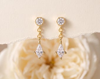 925 Sterling Silver Gold Tone CZ Diamond Drop Earrings, Geometric Crystal Dangle Earrings, Elegant Minimal Statement Jewelry Gift for Women