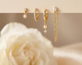 Pendientes de 4 piezas chapados en oro de 18 quilates, con cadena colgante de perlas y diseño de aro pequeño, joyería apilable con detalles de circonitas cúbicas, regalo minimalista para ella.