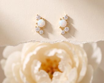 925 Sterling Silver Opal CZ Cluster Stud Earrings, Gold Tone Minimal Gemstone Earrings, Elegant Everyday Statement Gift for Women